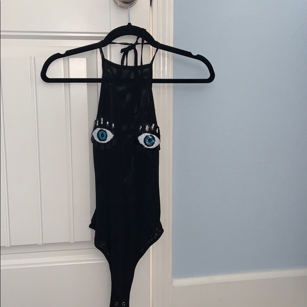 LF Black Mesh Bodysuit with Sequin Eye Details